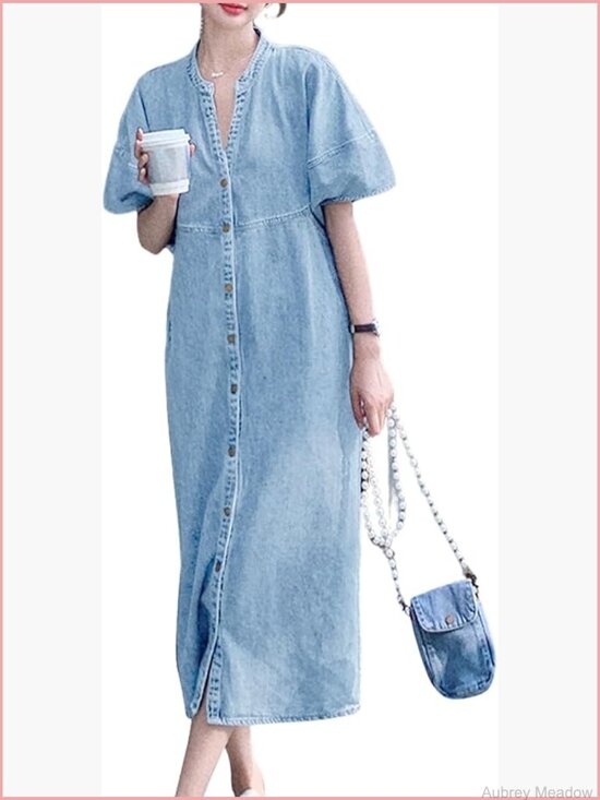 Dresses & Skirts - V Neck Short Sleeve Denim Midi Dress Loose Fit Summer Casual